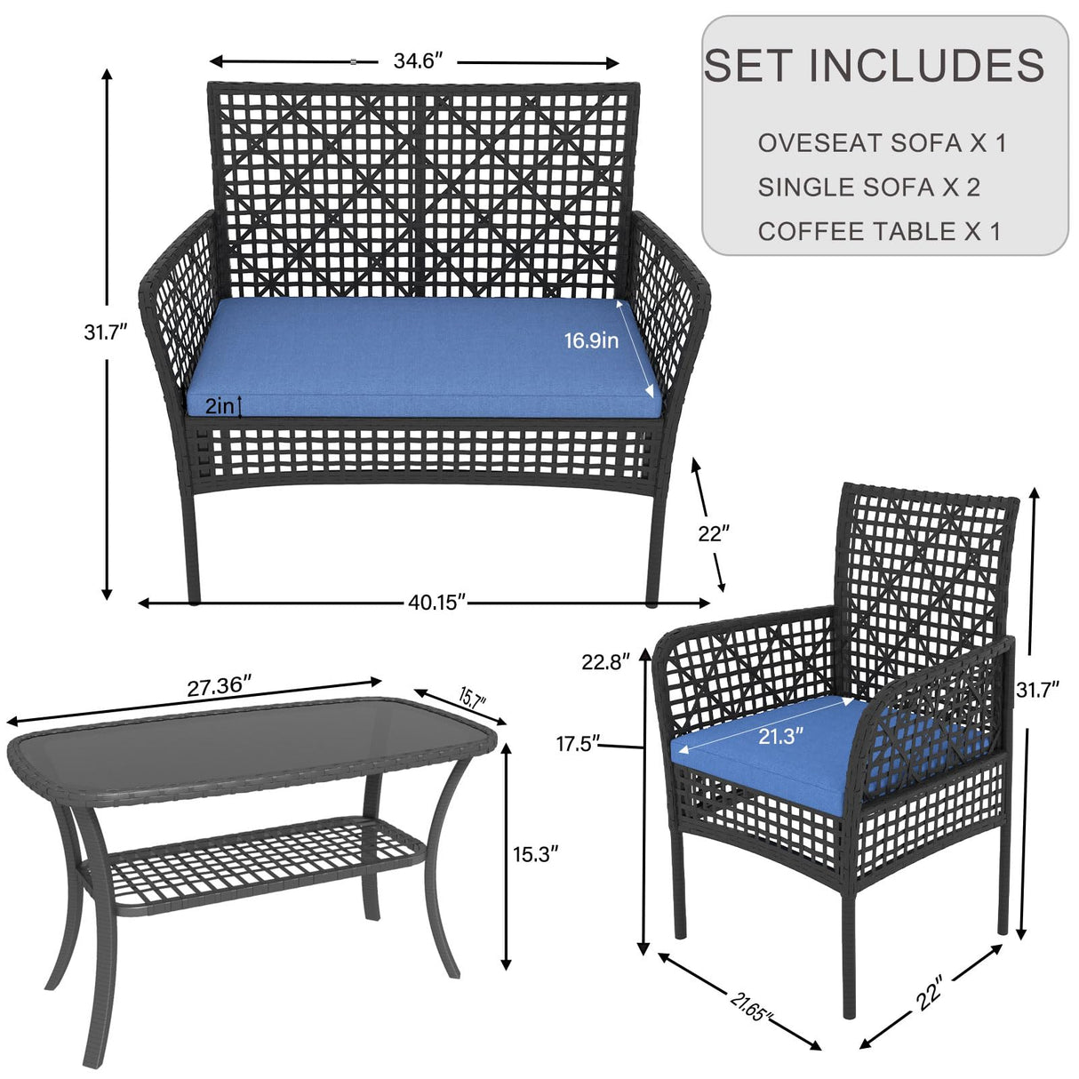 HLNPTN 4 Pieces Outdoor Patio Furniture Set, PE Rattan Chairs Wicker Furniture with Coffee Glass Table and Soft Cushions, Outdoor Seating Conversation Set for Lawn, Porch, Garden (Blue) HLNPTN