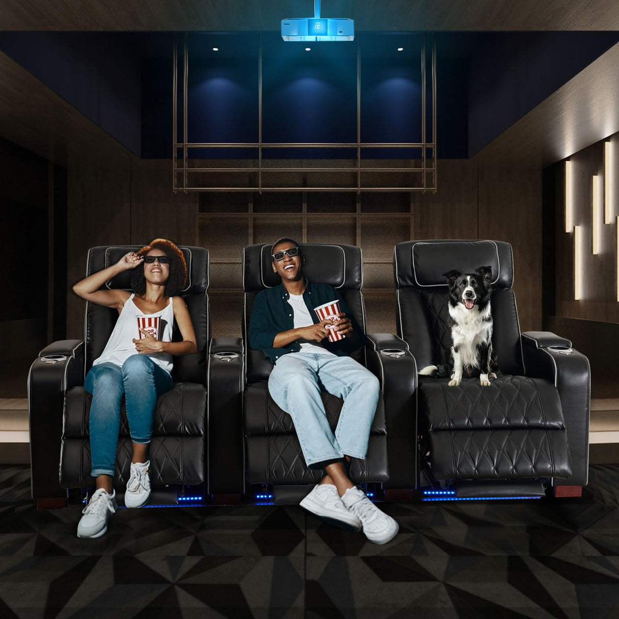 CALIVIA Luxury Home Theater Seating – Power Recliner with Adjustable Headrests, Blue LED Ambient Lighting, Tray Table, USB & Type-C Charging (Black, 3 Seat) CALIVIA