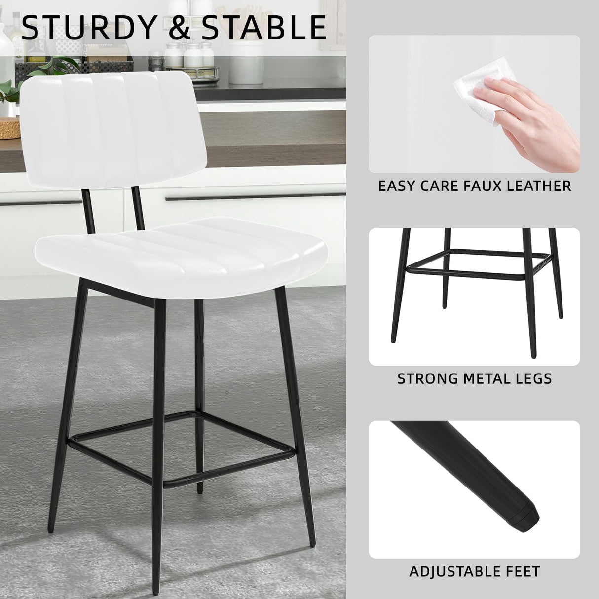 HONIFUR Bar Stools Set of 4, Barstools with Sturdy Legs, Leather Counter Height Bar Stool for Kitchen, Dining, 26 Inch Farmhouse Counter Stools, White HONIFUR