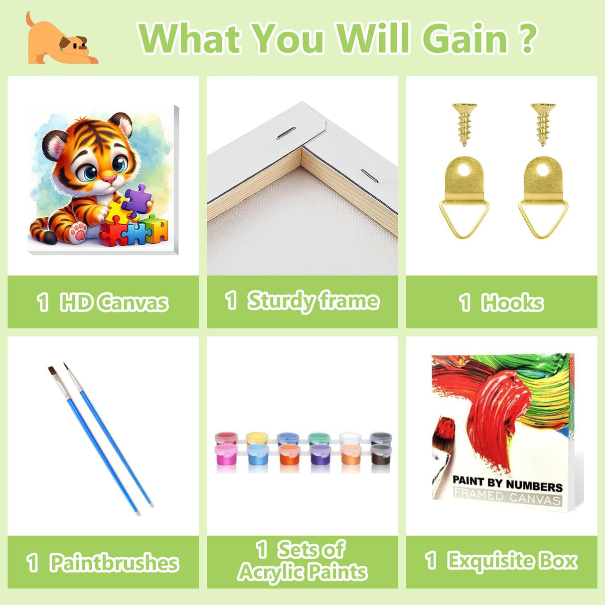 Reivworl Tiger Paint by Numbers Kit for Kids, Tiger Paint by Number with Frame and Easel, Paint by Number Kids Age 5-8-12 for Gifts and Decor (8X8 Inch) Reivworl