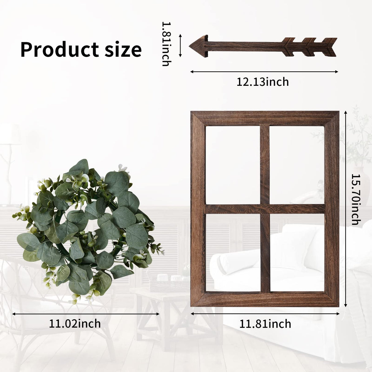 Rustic Wood Window Frame with Green Wreath and Arrows Wall Decor,Farmhouse Window Frame Hanging Decor,Wooden Fake Decoration,Window Pane Wall Decor,Set of 2 (Brown) WAKOSAN