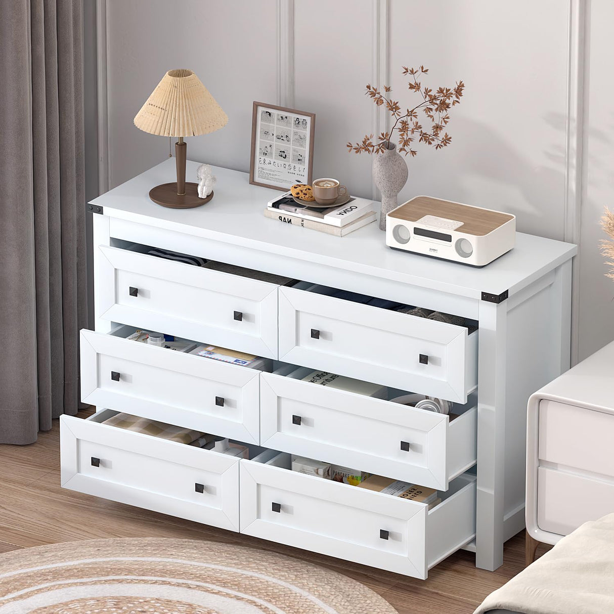 Wodeer White 6 Drawers Dresser for Bedroom,Wood Farmhouse Storage Chest of Drawers, Dresser with Metal Handles,Dressers Organizer for Bedroom, Living Room,Nursery,Hallway,White Wodeer