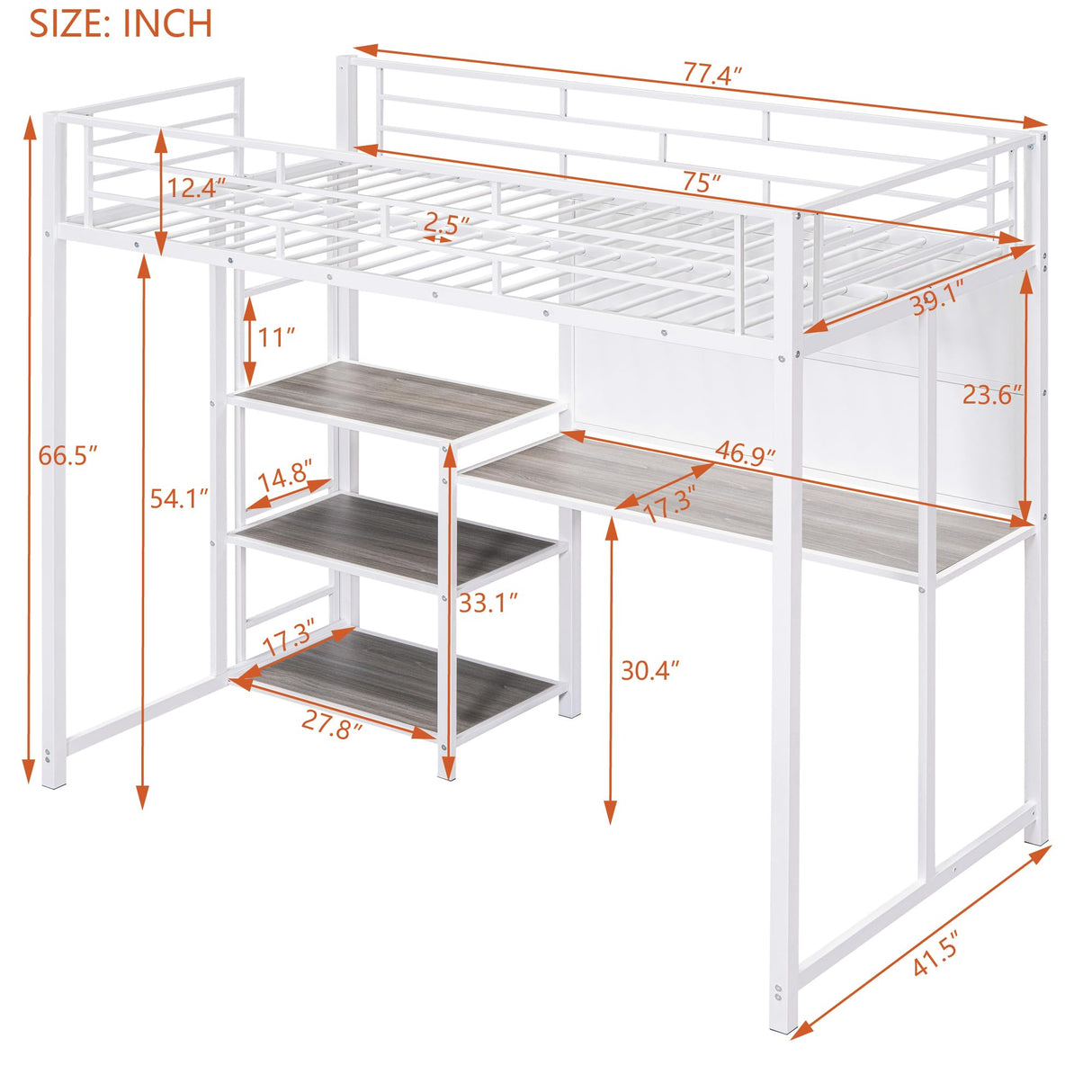Jintop Twin Size Loft Bed with Stylish Desk and Whiteboard,Versatility Metal Bunk Bed,w/ 3 Shelves & Ladder,Easy Assembly,for Students,Boys,Girls,White Jintop