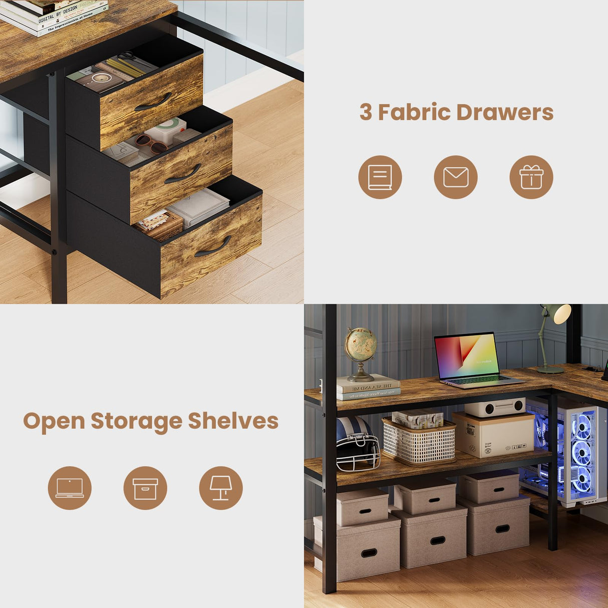 BTHFST Full Size Loft Bed with L-Shaped Desk and 3 Storage Drawers, LED Lights & Charging Station, Open Storage Shlef, Metal Loft Bed Frame with Solid Slats and Guardrail, Space Saving, Black BTHFST