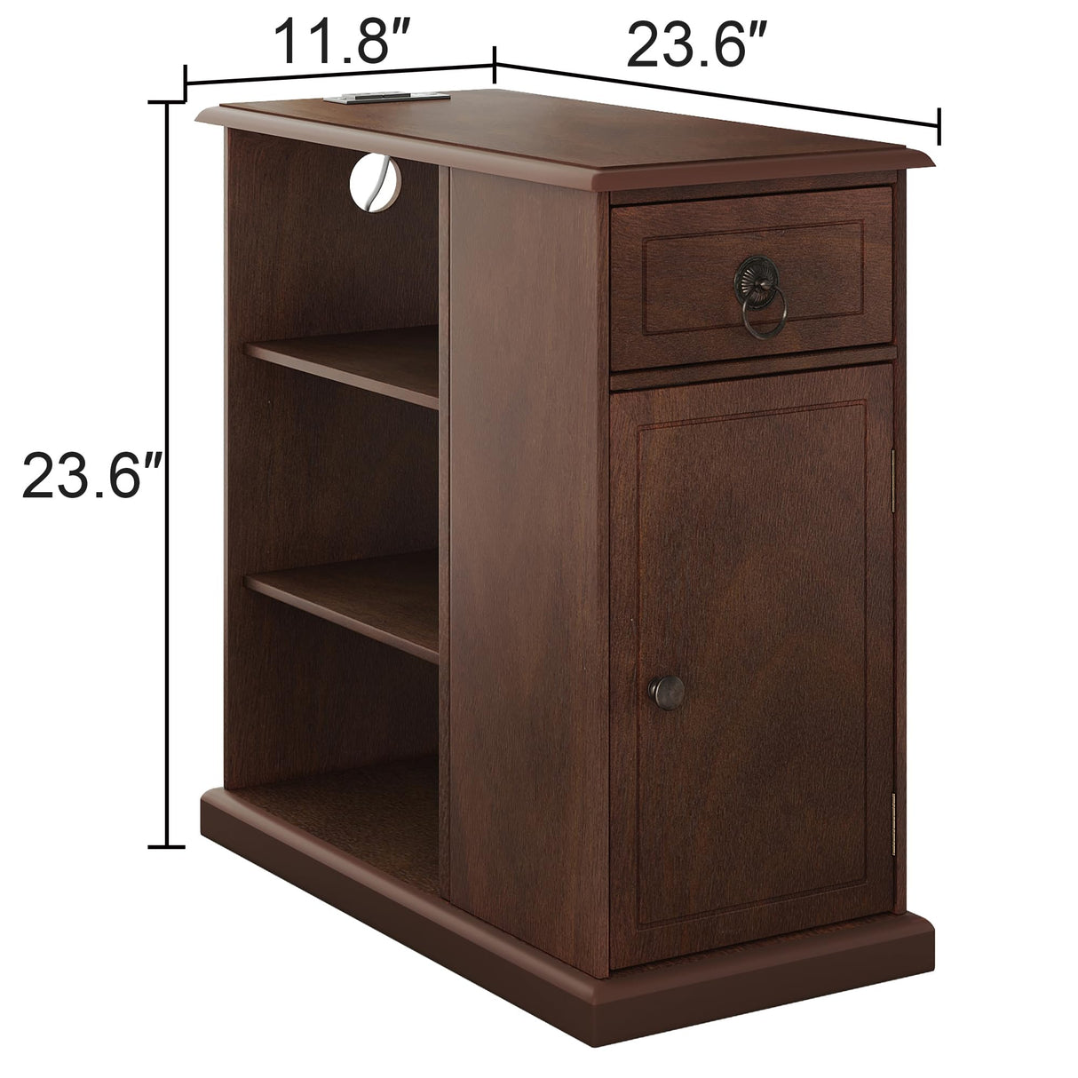 ChooChoo Farmhouse XXL End Table with Charging Station,Narrow Sofa Side Table with Adjustale Shelf, 3 Tier Rustic Night Stand for Small Place Living Room, Cherry Brown ChooChoo
