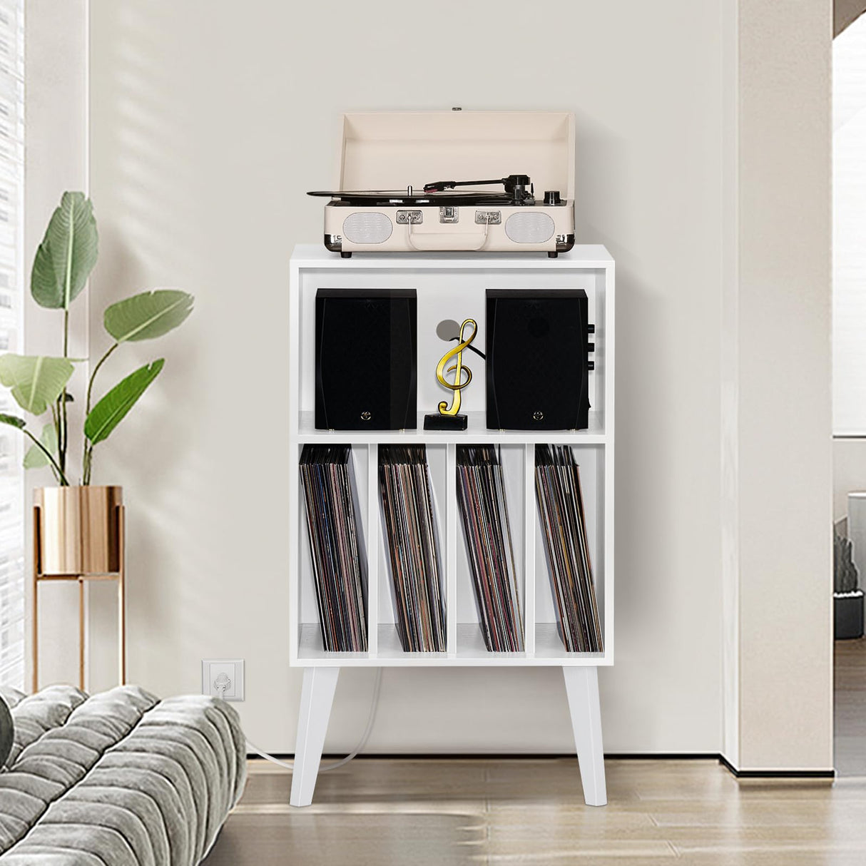 Lerliuo Record Player Stand with Charging Station, White Turntable Stand Holds up to 160 Albums, Mid-Century Vinyl Storage Cabinet Table with Wood Legs, Record Holder Dispaly Shelf for Living Room Lerliuo