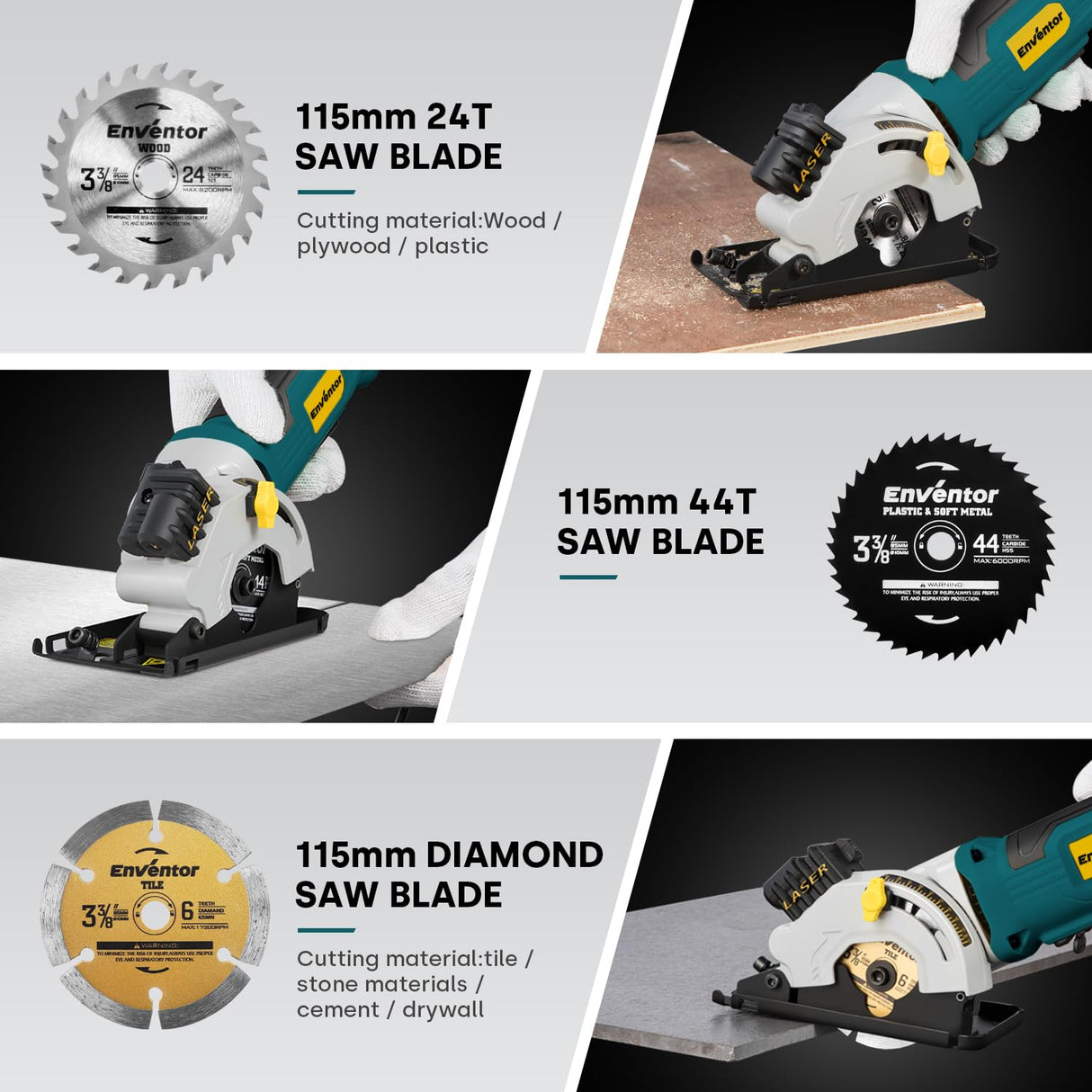 Enventor Mini Circular Saw, 4.8A Electric Circular Saws Corded with Laser Guide, 4000RPM, 3 Saw Blades 3-3/8" Max Cutting Depth 1-1/16", Compact, Power for Wood, Soft Metal, Tile, Plastic Enventor