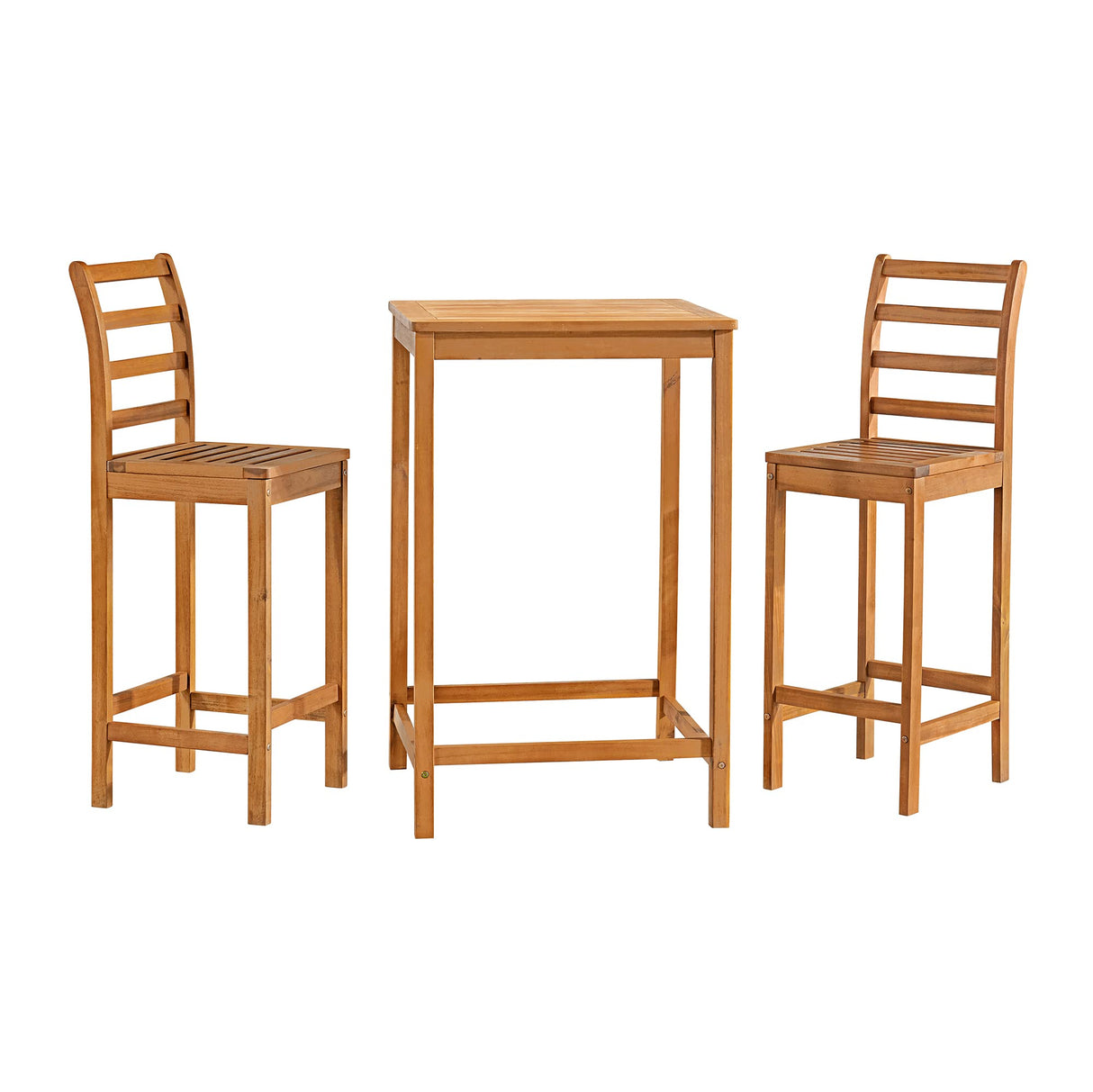Barre 3-Piece Acacia Wood Bar Height Bistro Set, Weatherproof Outdoor Patio Furniture with Ergonomic Chairs and 28 in. x28 in. Table, Natural Finish Alaterre Furniture