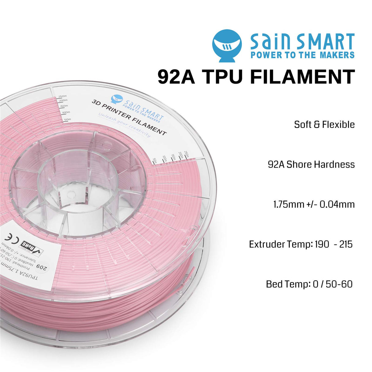 SainSmart TPU 1.75mm 92A Flexible TPU 3D Printer Filament, Dimensional Accuracy +/- 0.04 mm, 1KG Spool, Soft Pink SainSmart