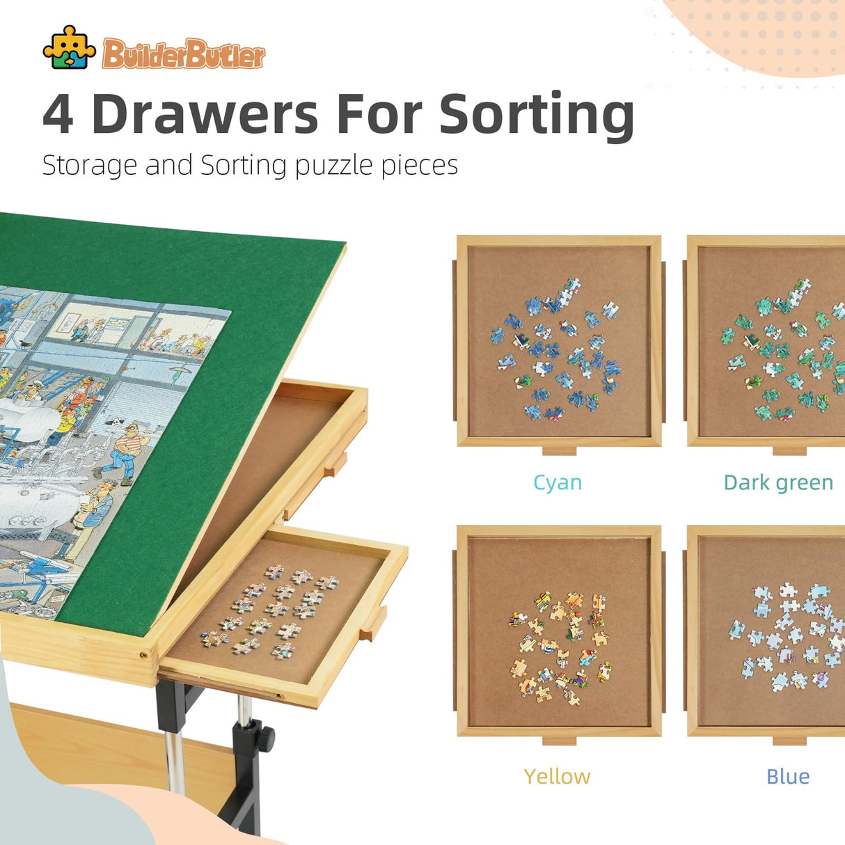 BuilderButler Dual-Layer 25"x34" Adjustable Puzzle Table,3-Tilting-Angle Adjustable Table with 4 Drawers and Cover,Ideal for Puzzle Enthusiasts BuilderButler