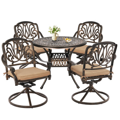 Grepatio 5 Piece Outdoor Dining Set Cast Aluminum Patio Dining Set Table and Chairs Outside Furniture 4 Swivel Chairs with Cushion and 1 Umbrella Hole Round Dining Table for Lawn Garden Patio (Khaki)
