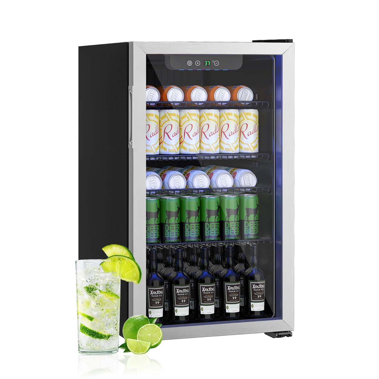 Erivess Compact Freestanding Beverage Refrigerator,126 Can/3.2 Cubic FeetMini Fridge with Reversible Glass Front Door for Soda, Beer, or Wine, Under Counter Drink Refrigerator with Adjustable Shelves Erivess
