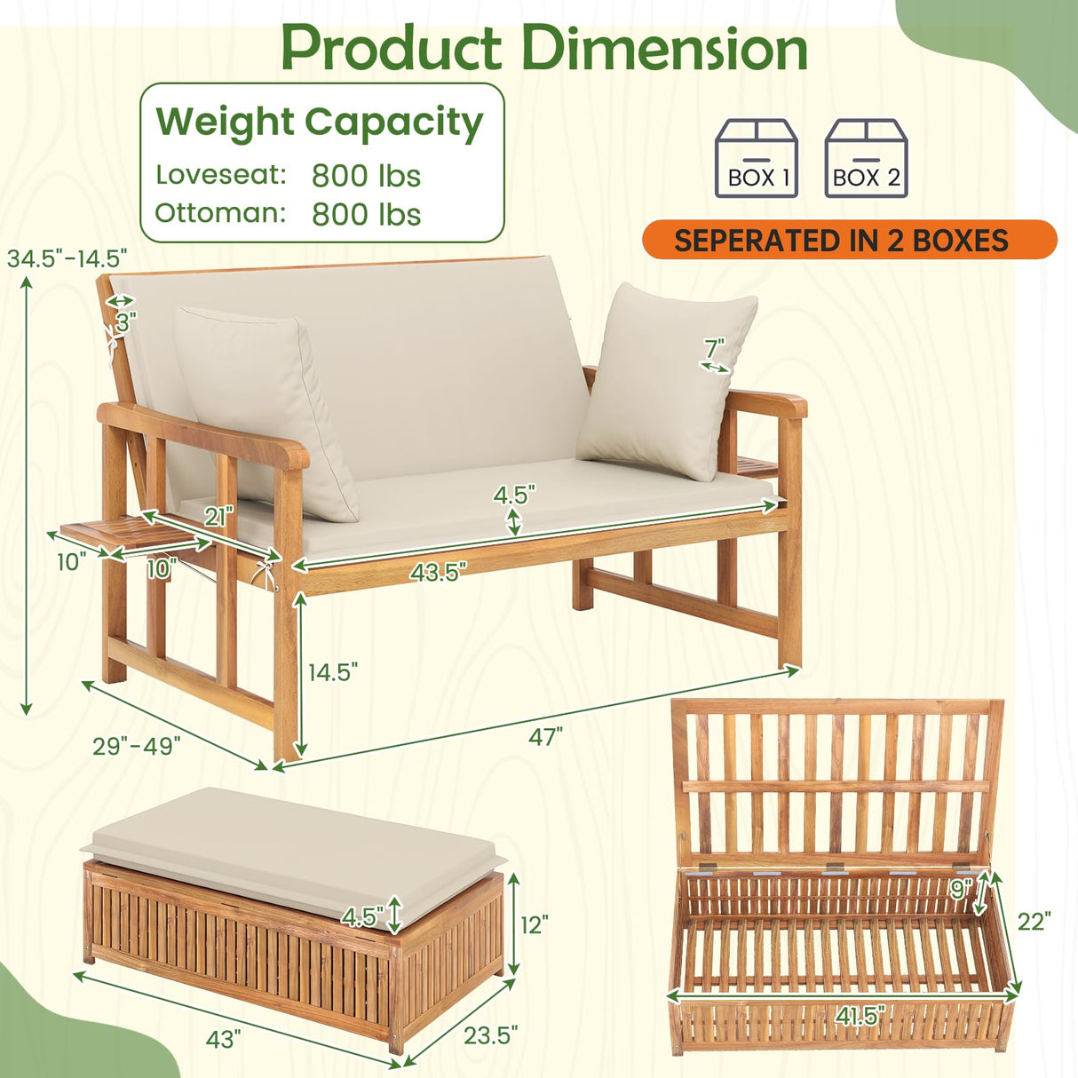 Tangkula Outdoor Acacia Wood Daybed with Storage Ottoman, Wood Patio Loveseat Sofa with 4-Level Backrest & Removable Cushions, 2 Folding Side Tables, Patio Recliner Lounger for Poolside, Backyard Tangkula