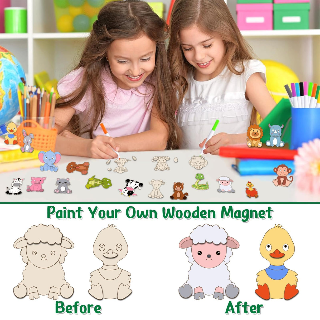 Yizeda 30 Pcs DIY Jungle Safari Wooden Magnets, Wooden Art Craft Supplies Painting Kit for Kids Ages Glow in The Dark Party Favors Goodie Bag Stuffers Birthday Gifts Toys for Boys Girls Yizeda