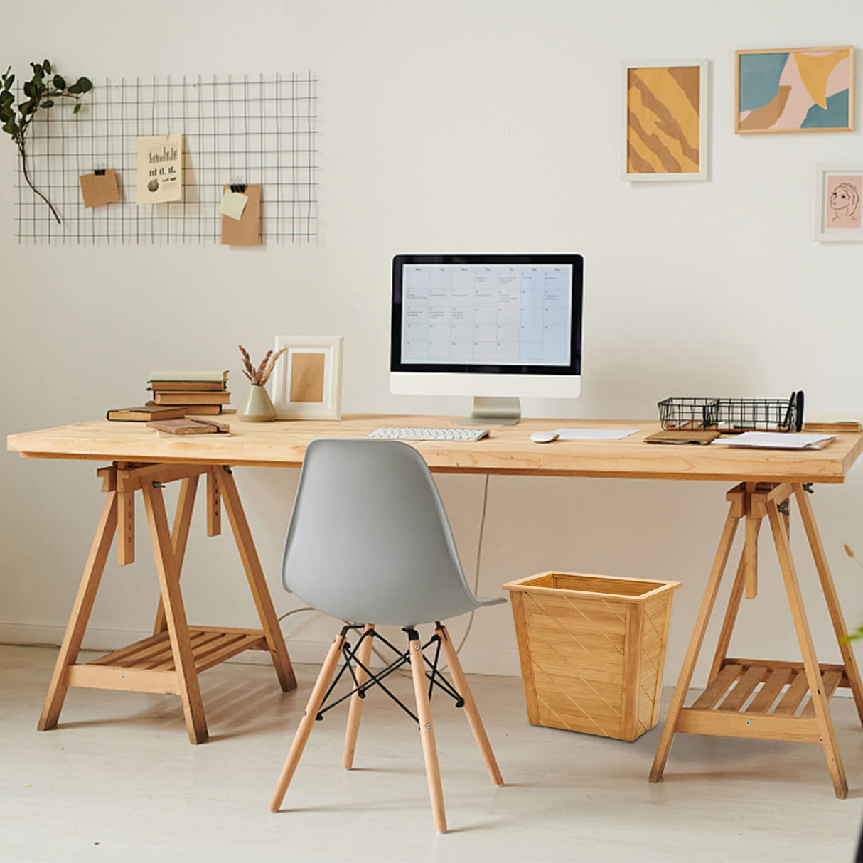 Frcctre Bamboo Waste Basket, Rectangular Compact Waste Trash Can Waste Bin Garbage Built-in Handles Brown Container Bin for Bedroom, Office, Living Room, Kitchen, Bathroom Frcctre