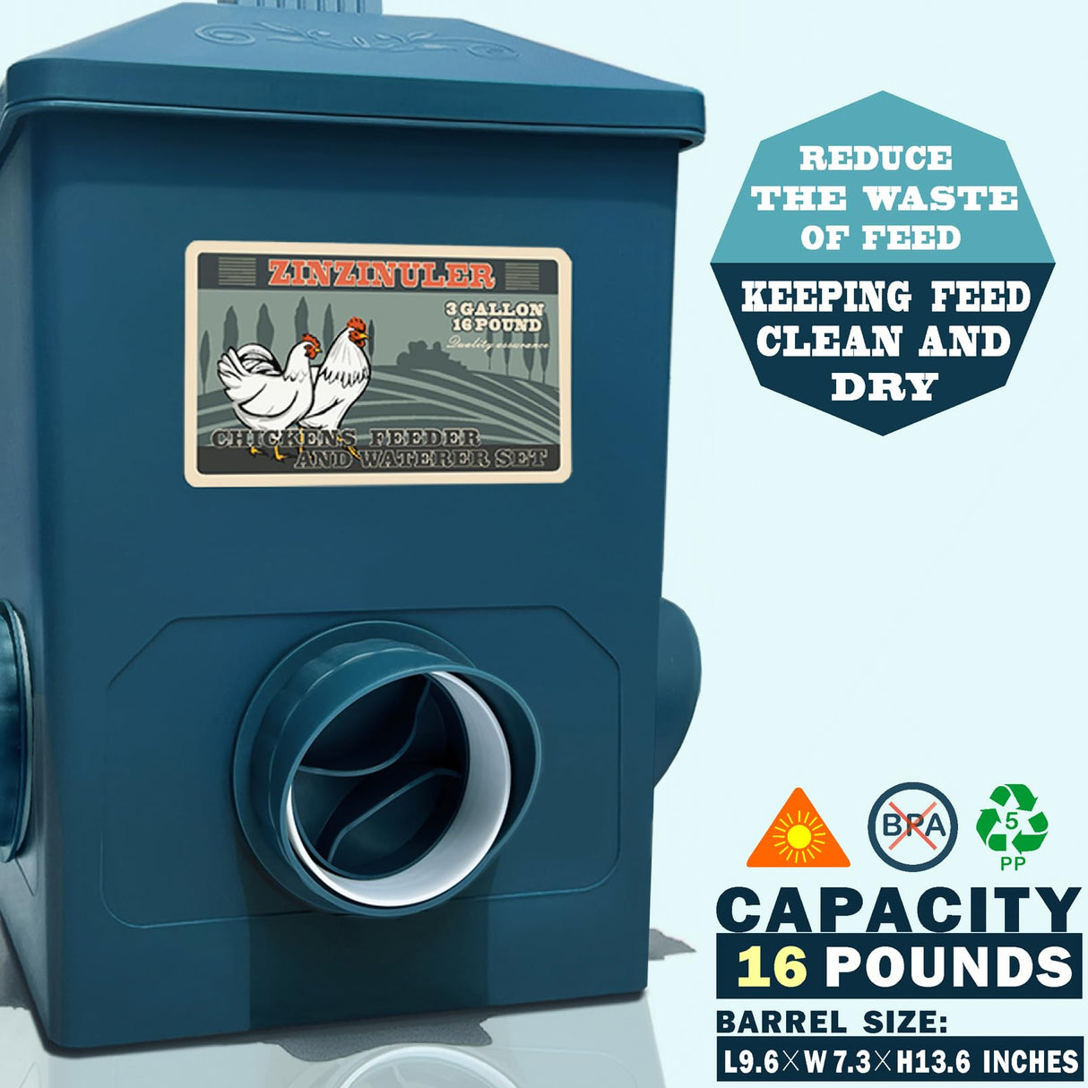 ZINZINULER Automatic Port Chicken Feeder and Cup Waterer Set - Chicken Coop Accessories, No Waste Poultry Feeder, 3 Gallon/16 Pounds ZINZINULER