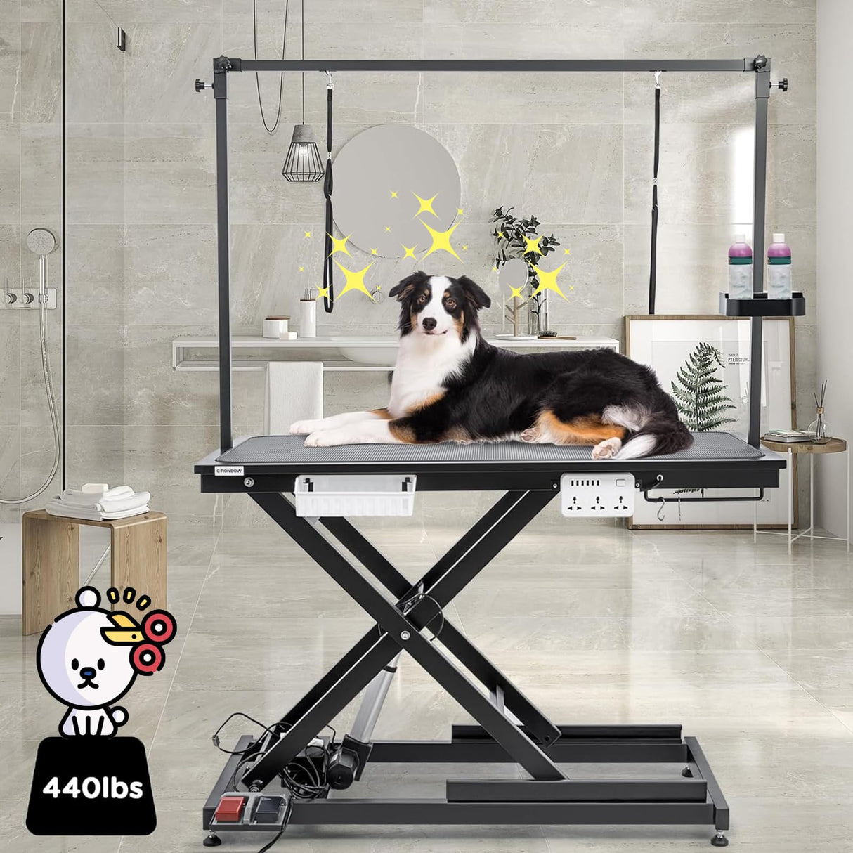 CIRONBOW 50'' Electric Dog Grooming Table, Adjustable X Lift Heavy Duty Dog Grooming Table for Large Dogs with Anti-Skid Tabletop & Grooming Scissors & Wireless Remote &Tool Organizer & Arms, Black CIRONBOW