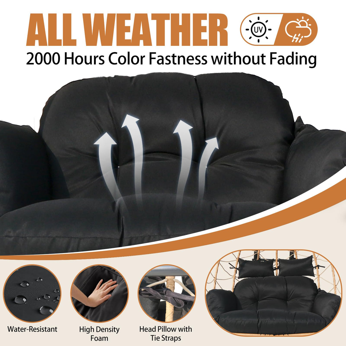 Double Egg Swing Chair with Stand & Adjustable Canopy, Outdoor Indoor Hanging Egg Chair, Handwoven Pe Rattan Loveseat with Uv-Resistant Cushions, 680Lbs Capacity for Patio, Garden, Balcony (Black) Nevsokio