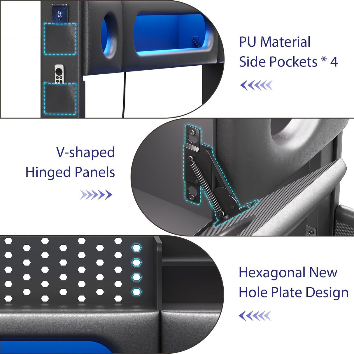 busyaeh Floating Bed Frame King with Storage & Headboard, Platform Frame with LED Lights, Upholstered King Size Floating Bed with Headboard, No Box Spring Needed, Noise-Free, Easy Assembly, PU Black busyaeh