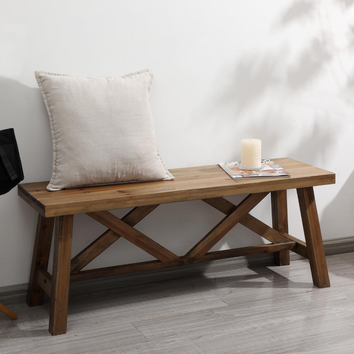 Wnutrees 43" Farmhouse Wood Bench, Rustic Solid Wood Entryway Bench Seat with Double X-Structure for Dining Room, Living Room, Hallway, Bedroom, Structural Stability, Natural Wnutrees