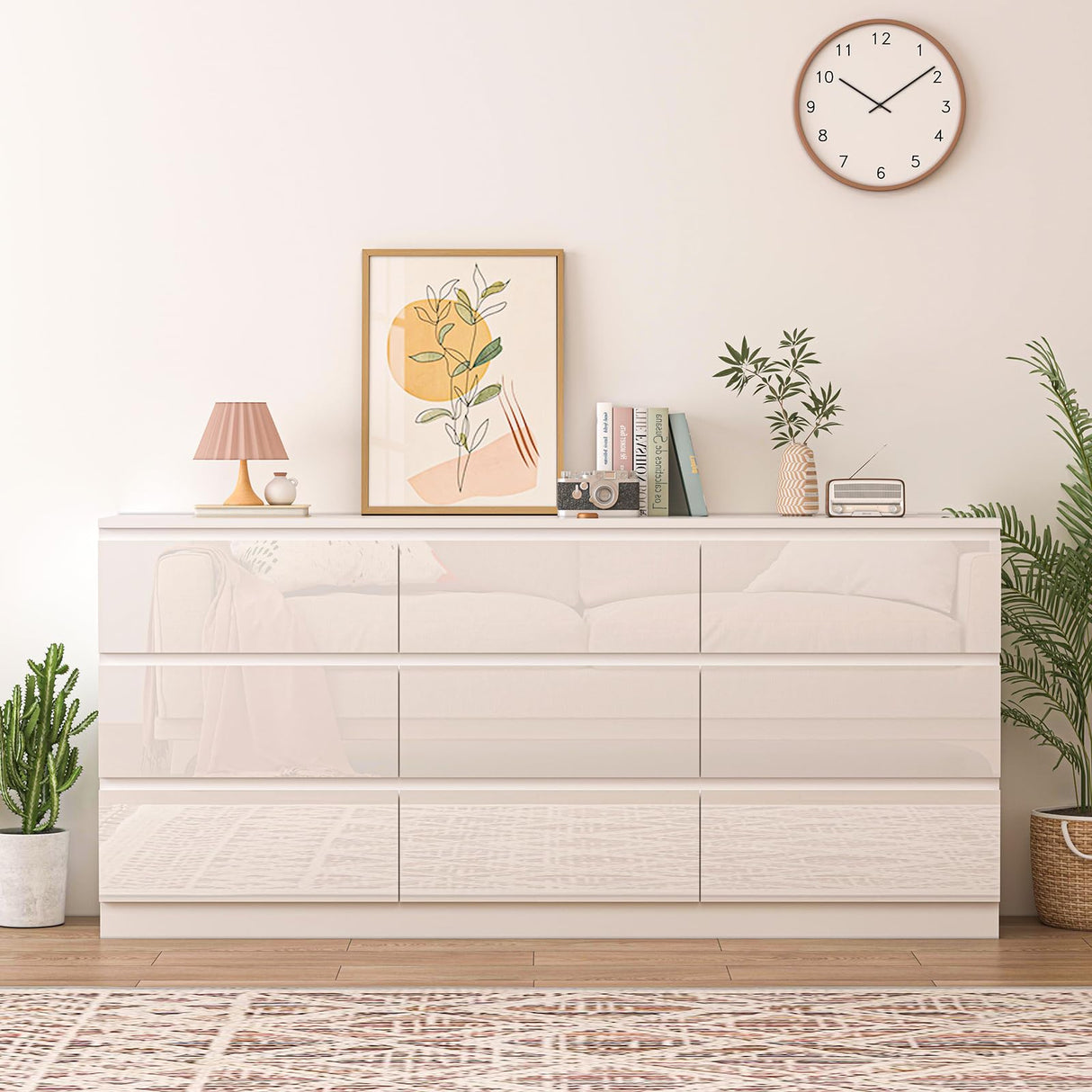 JassmiPkwy 70 INCH 9 Drawers Dresser with Power Outlet, Wide High Gloss Chest of Drawers Large, Modern Storage Drawer Dresser for Bedroom, White JassmiPkwy