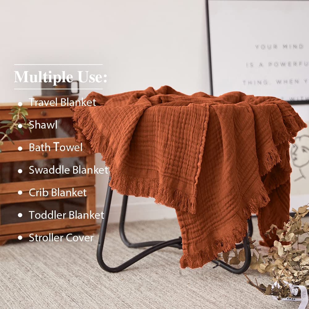 Simple&Opulence Cotton Muslin Throw Blanket for Bed, Couch, Knit Woven Gauze Blanket with Tassels, Soft Lightweight Cozy Pre-Washed Breathable Farmhouse Decoration for All-Season (Rust Orange) Simple&Opulence