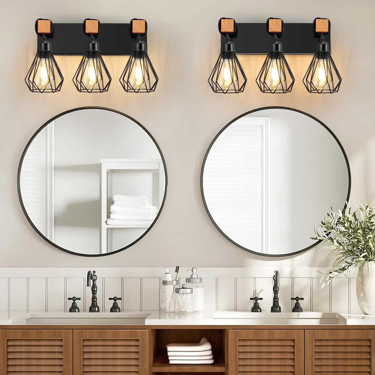 IZORRO Farmhouse Bathroom Vanity Light Fixtures, 3-Light Wood Bathroom Lighting Fixtures Over Mirror, Black Rustic Industrial Sconces Wall Lights with Metal Lampshade for Living Room, Bedroom IZORRO