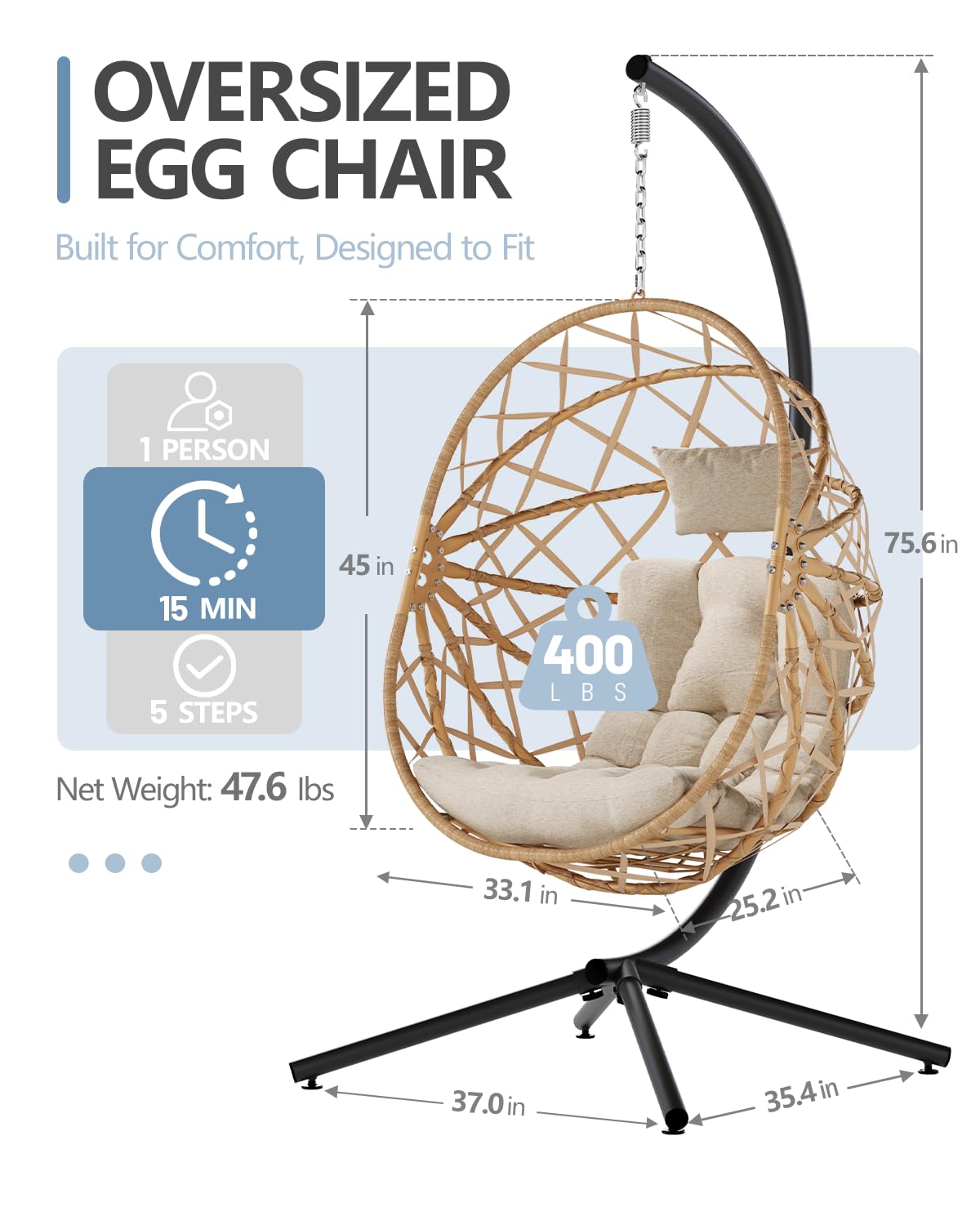 SWITTE Egg Chair Outdoor with Stand, Indoor Wicker Hanging Egg Swing Chair with Cushion, 400LBS Capacity for Patio, Bedroom & Garden - Cream SWITTE
