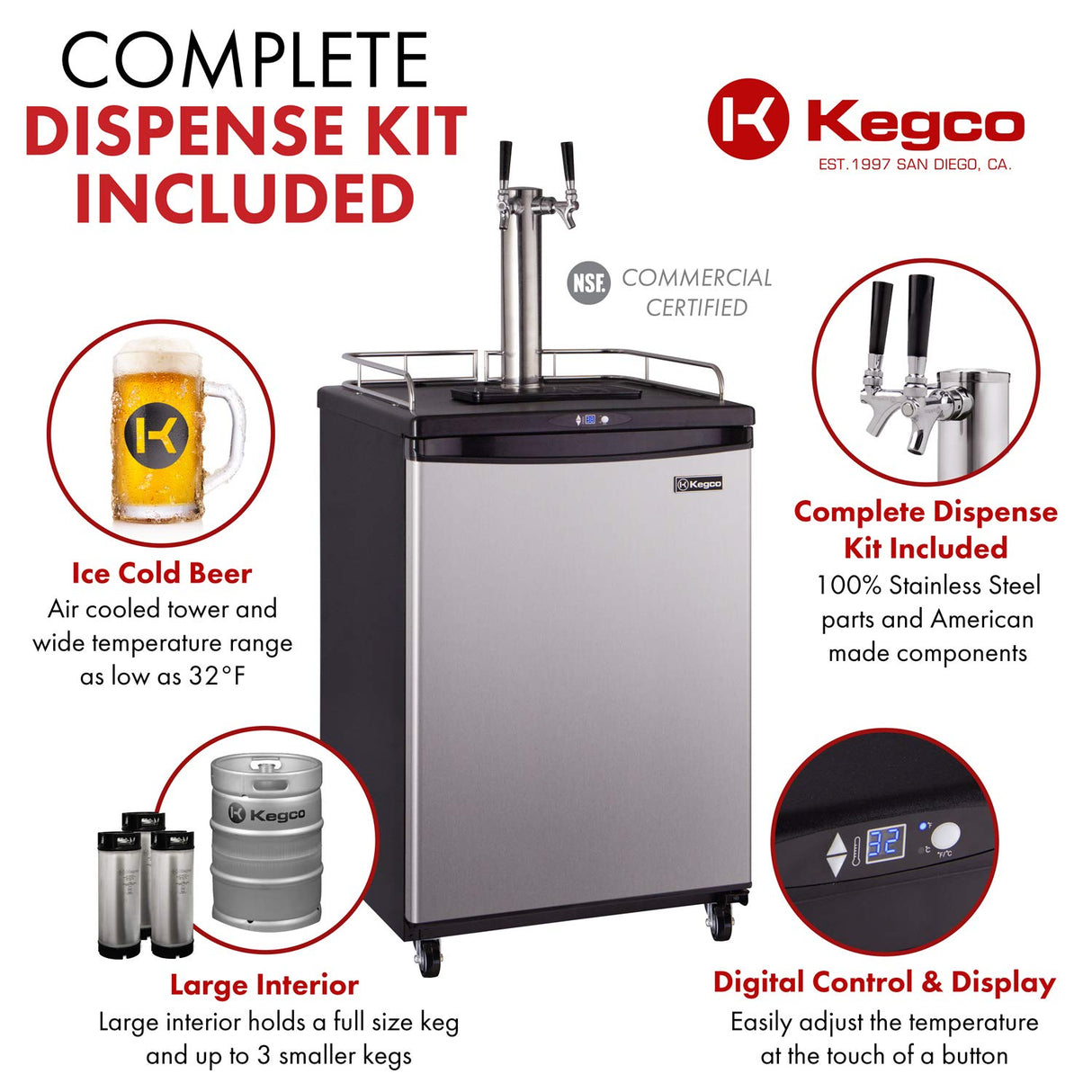 Kegco Keg Dispenser, Two Faucet, Stainless Steel Kegco