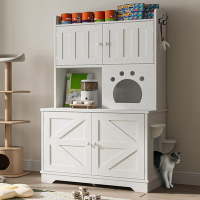 ANCTOR Multifunctional Cat Cabinet Cat Litter Box Enclosure Furniture 3-Tier Storage Play Area Tall Litter Box Furniture with Storage Easy Assembly (35.5”H, White)