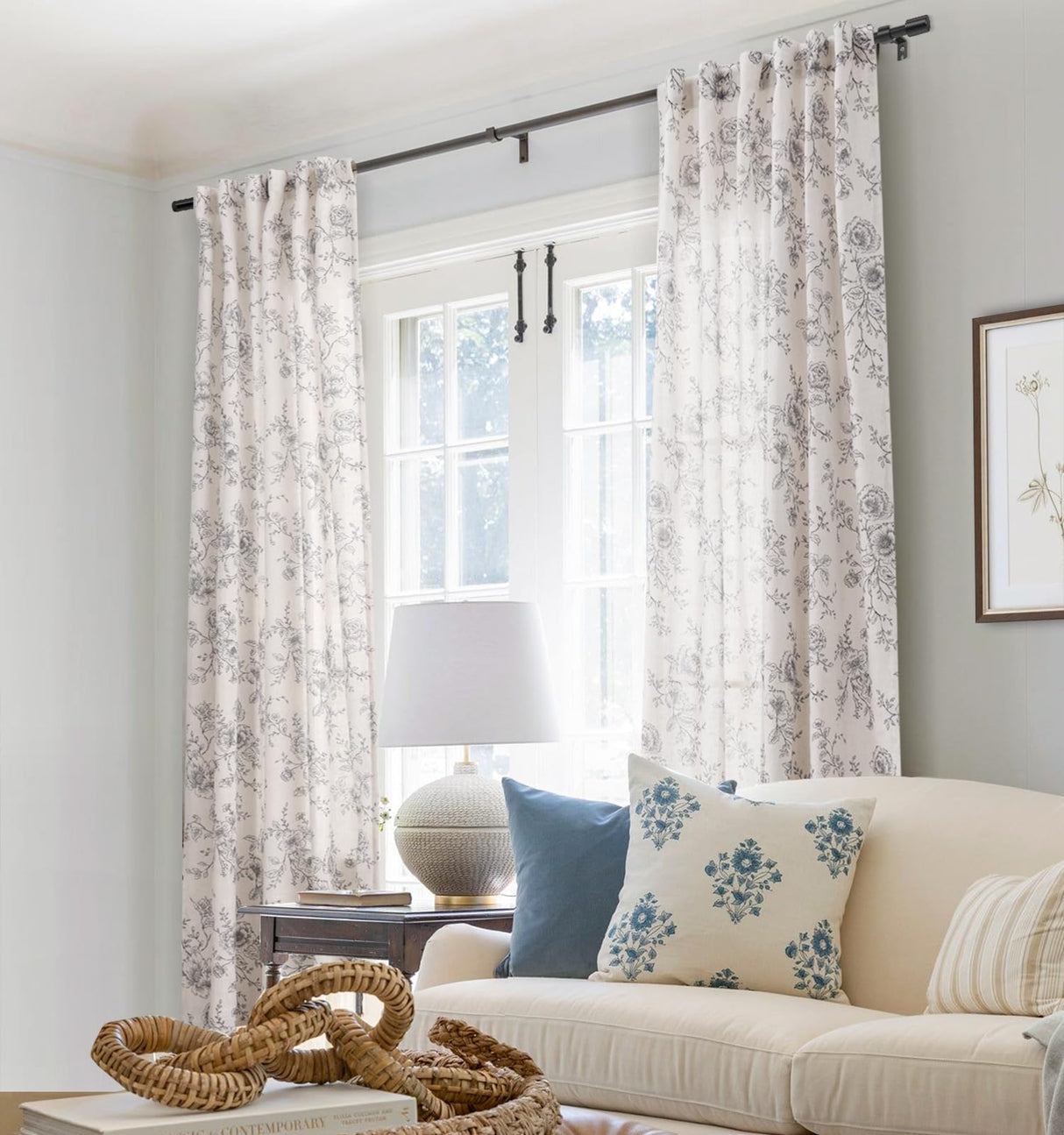 Floral Linen Curtains 108 inch Length for Living Room Black and Cream Patterned Curtains Sketch Print Burlap Textured Rustic Farmhouse Country Curtains Shabby Chic Extra Long Floral Drapes 9 FT Meikelor