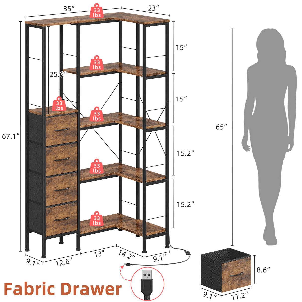 AFLUI Corner Bookshelf with LED Light Strips & 4 Fabric Drawers, 5-Tier Convertible Corner Shelf with Display Shelf, Large Wood Industrial Bookcase for Living Room, Bedroom, Home Office, Rustic Brown AFLUI
