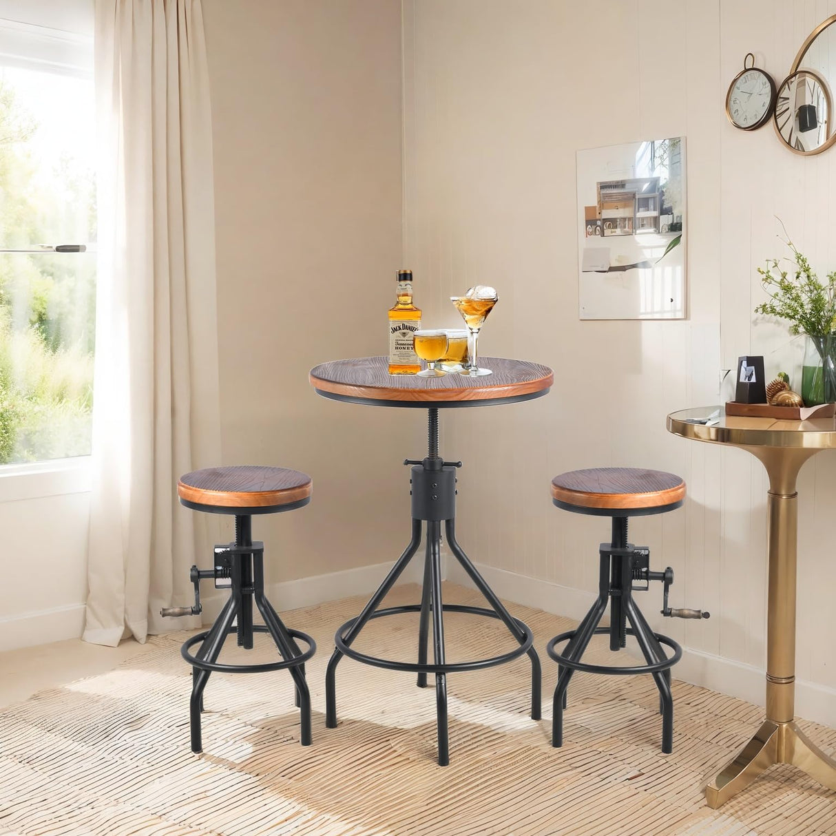 BOKKOLIK Industrial Bar Table, Counter Height 30-36inch Height Adjustable, Swivel Wooden Tabletop, Farmhouse Dinner Table for Home Kitchen,Vintage Display Stand BOKKOLIK