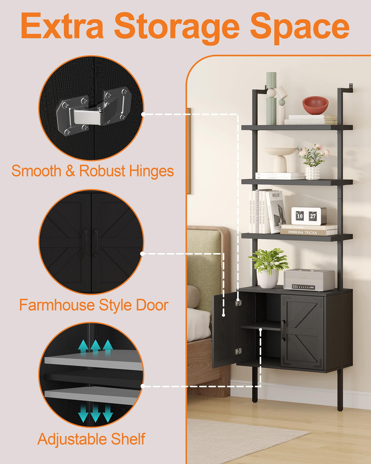 Yusong 73" Tall Bookshelf with Cabinet, Farmhouse Ladder Wall Mount Shelf Industrial Bookcase with Wood and Metal Frame, Plant Shelf Wall Storage Book Case Display for Living Room Bedroom Black Yusong