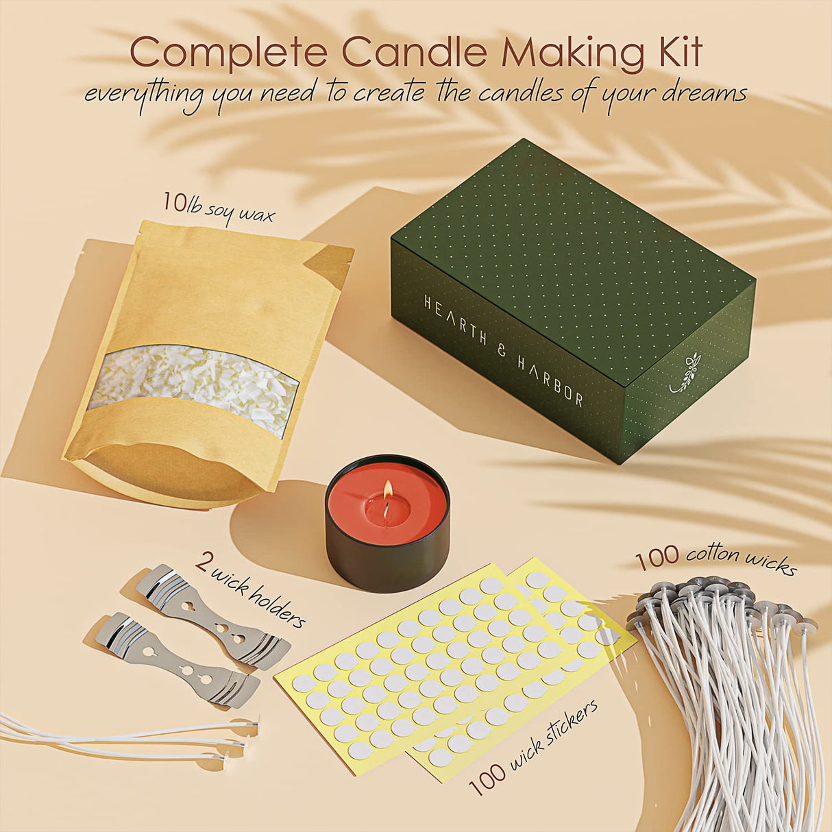 Hearth & Harbor Soy Candle Wax for Candle Making 10 lb Bag, Premium Natural Soy Wax Flakes, 100 Cotton Candle Wicks, 100 Wick Stickers, & 2 Centering Devices Hearth & Harbor