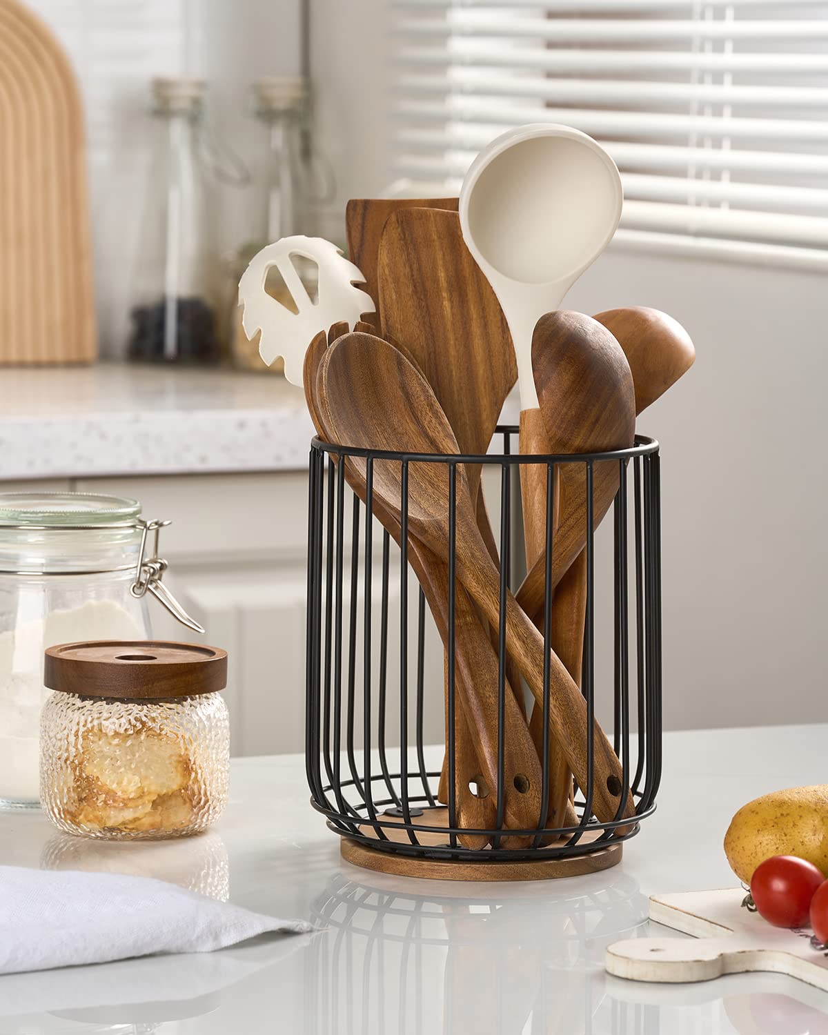 getstar Kitchen Utensil Holder, Large Wire Utensil Holder for Kitchen Counter (W6.2” x H7.5”) with Acacia Base getstar