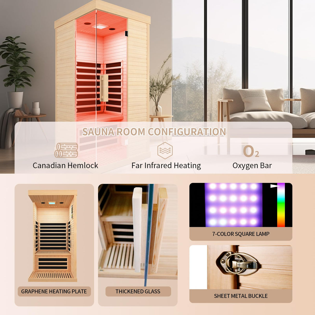OUTEXER Sauna Room Indoor Far Infrared Saunas Home Canadian Hemlock 1400W Low-EMF Dry Saunas Single Person Spa with 7 Color Therapy 33.5 * 33.5 * 70.9inch OUTEXER