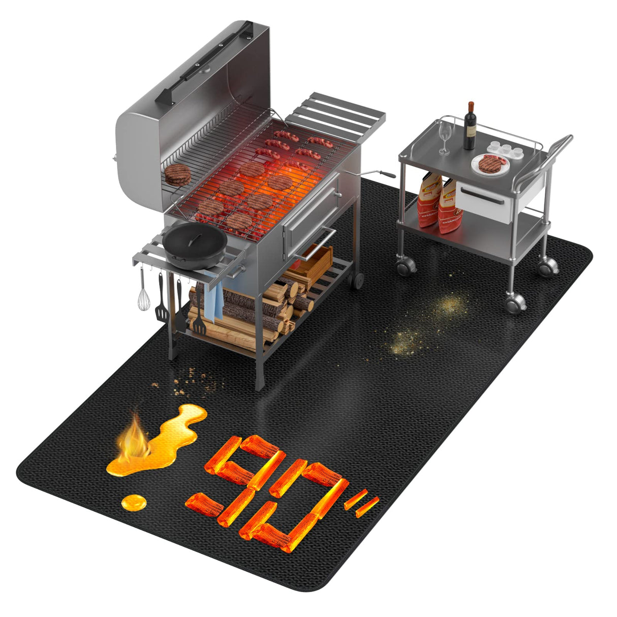 Super Extra Large 90x48 inch Under Grill Mat for Outdoor Grill, Charcoal, Flat Top, Smoker, Deck Patio Protection Mats, Indoor Fireplace Mats, Fire Pit Mat, Both Sides Fireproof Waterproof Pad Wasmicro