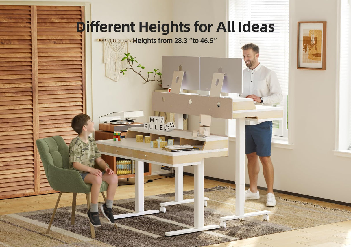 Claiks Standing Desk with Drawers, Electric Adjustable Standing Desk Adjustable Height, Sit Stand Up Desk with Storage Shelves & Wheels, 55 Inch White Claiks