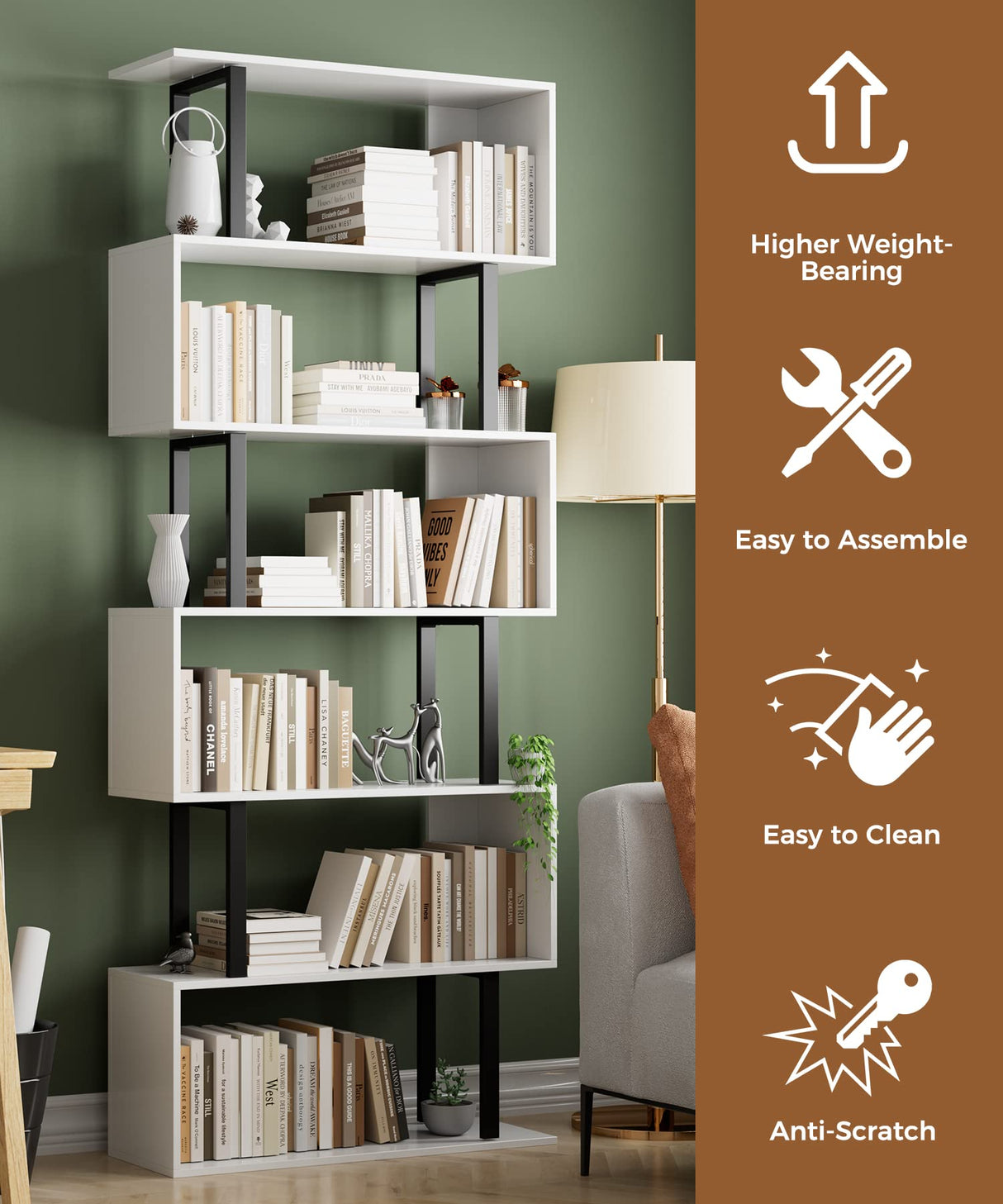 Gadroad 6-Tier S-Shaped Geometric Bookcase in White - Modern Decorative Storage Shelving for Home Gadroad