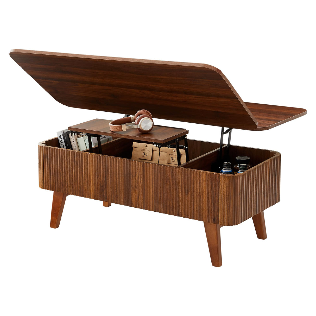 3 in 1 Lift Top Coffee Table, Fluted Convertible Coffee Tables Converts to Dining Tables, Modern Oval Wooden Center Table with Storage for Living Room Office Small Space, Partial Assembly (Walnut) ORRD