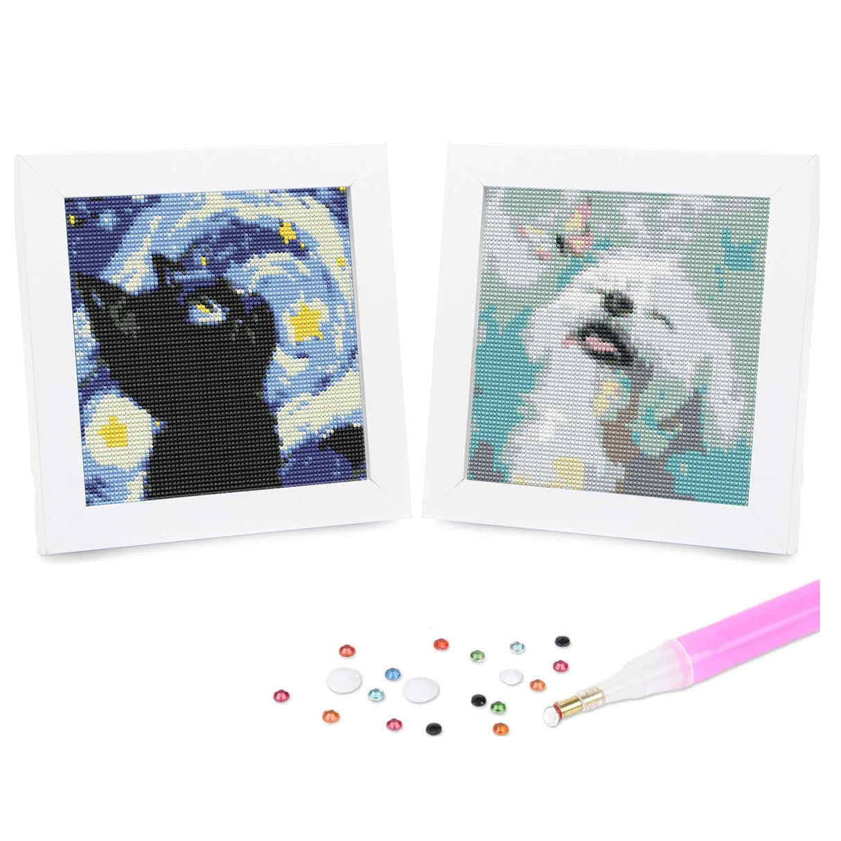 2 Pack Diamond Art Kits for Kids with Frame, DIY 5D Diamond Painting by Numbers for Beginners, Fun Arts and Crafts for Boys and Girls Ages 6-8-12, 6β³ x 6β³ Cat and Dog Animal Design Temiaode