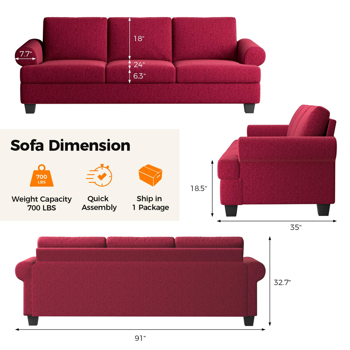 Fadware 91” Sofa Couch, Deep Seat Sofa with Lawson Style Armrests, Modern 3 Seater Sofa with Upholstered Cushion& Backrests, Mid-Century Comfy Couch for Living Room, Apartment, Red Fadware