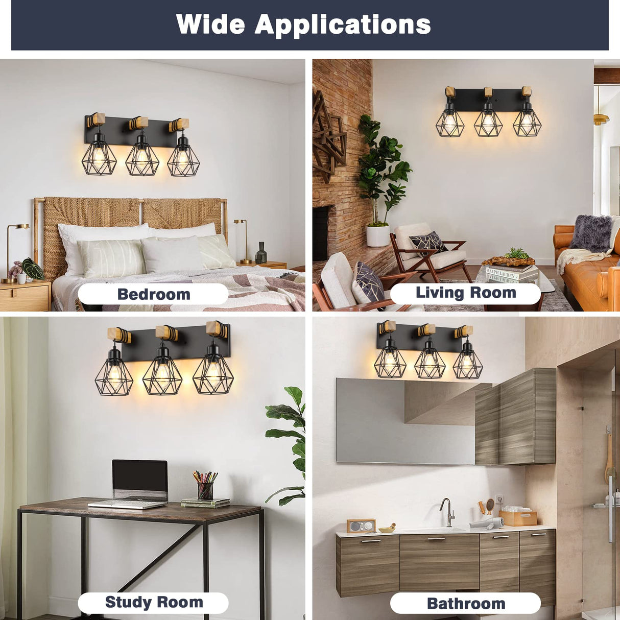 Farmhouse Bathroom Vanity Light Fixtures, 3-Light Wood Bathroom Light Fixtures Over Mirror, Rustic Sconces Wall Lighting with Elegant Metal Lampshade for Living Room, Bedroom, Hallway maesta