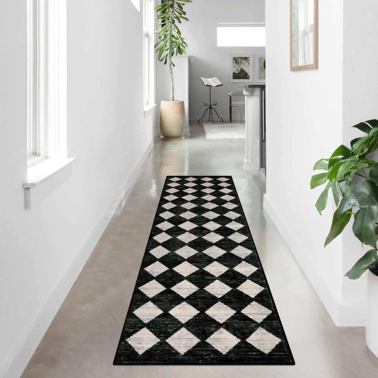 Lahome Moroccan Trellis Runner Rug - 2x8 Black Hallway Runner Rug with Rubber Backing, Checkered Kitchen Non Skid Carpet Runner Washable Indoor Mat for Camper Entryway Bathroom Hardwood Floor Lahome