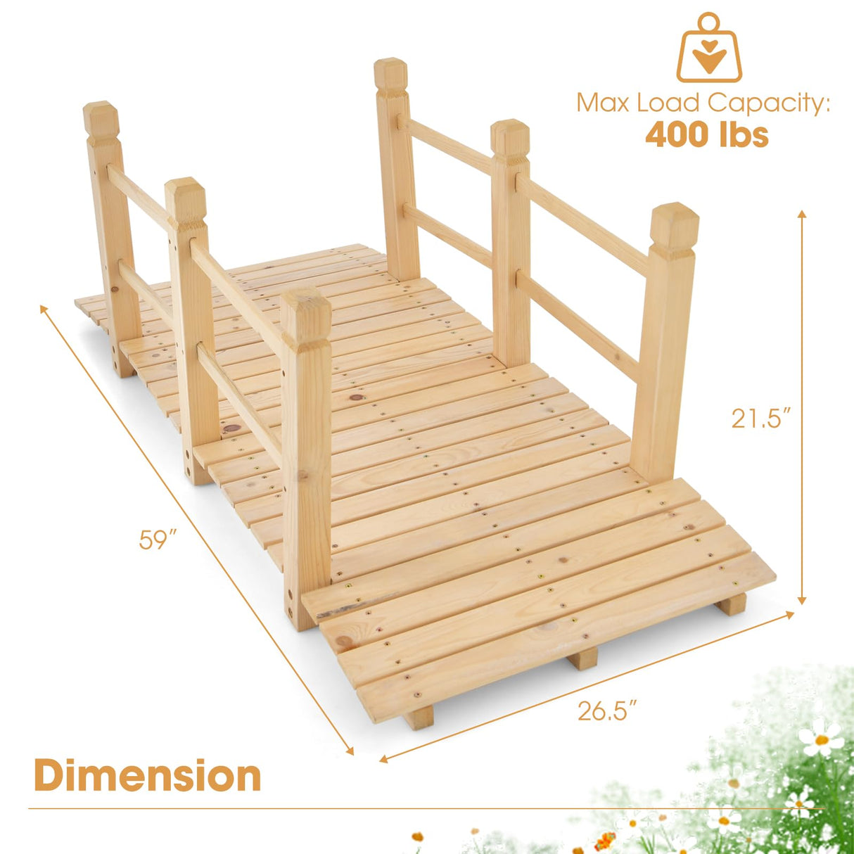 Tangkula 5 FT Wooden Garden Bridge, Arch Stained Finish Footbridge with Double Safety Rails, Outdoor Fir Construction Decorative Bridge Walkway for Backyard, Gravel Road, Creek, Farm (Stained Wood) Tangkula