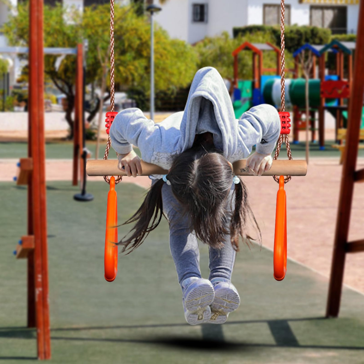 PELLOR Kids Trapeze Bar with Rings,Wooden Trapeze Swing Bar for Ninja Warrior Obstacle Course,Children's Swing Set Indoor Outdoor Garden,Yard,Playground PELLOR