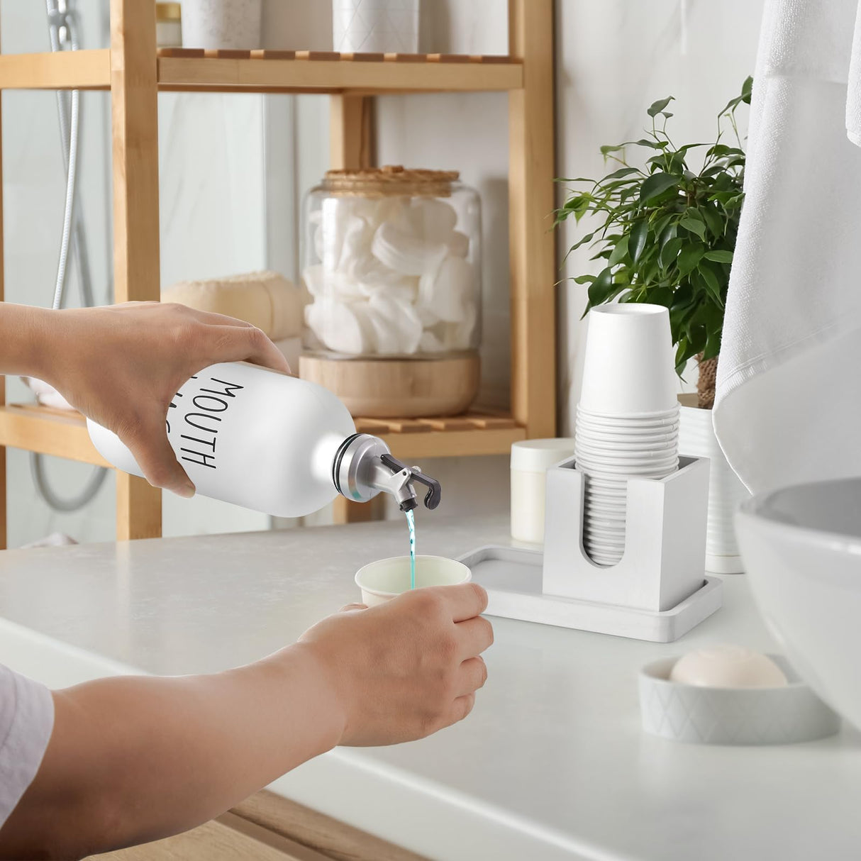 Mouthwash Dispenser for Bathroom, 16 OZ Glass Mouthwash Dispenser with Pour Spout and Wood Cup Holder and Tray, Mouth Wash Bottle Container, Farmhouse Kitchen Bathroom Decor and Accessories, White Bivvclaz