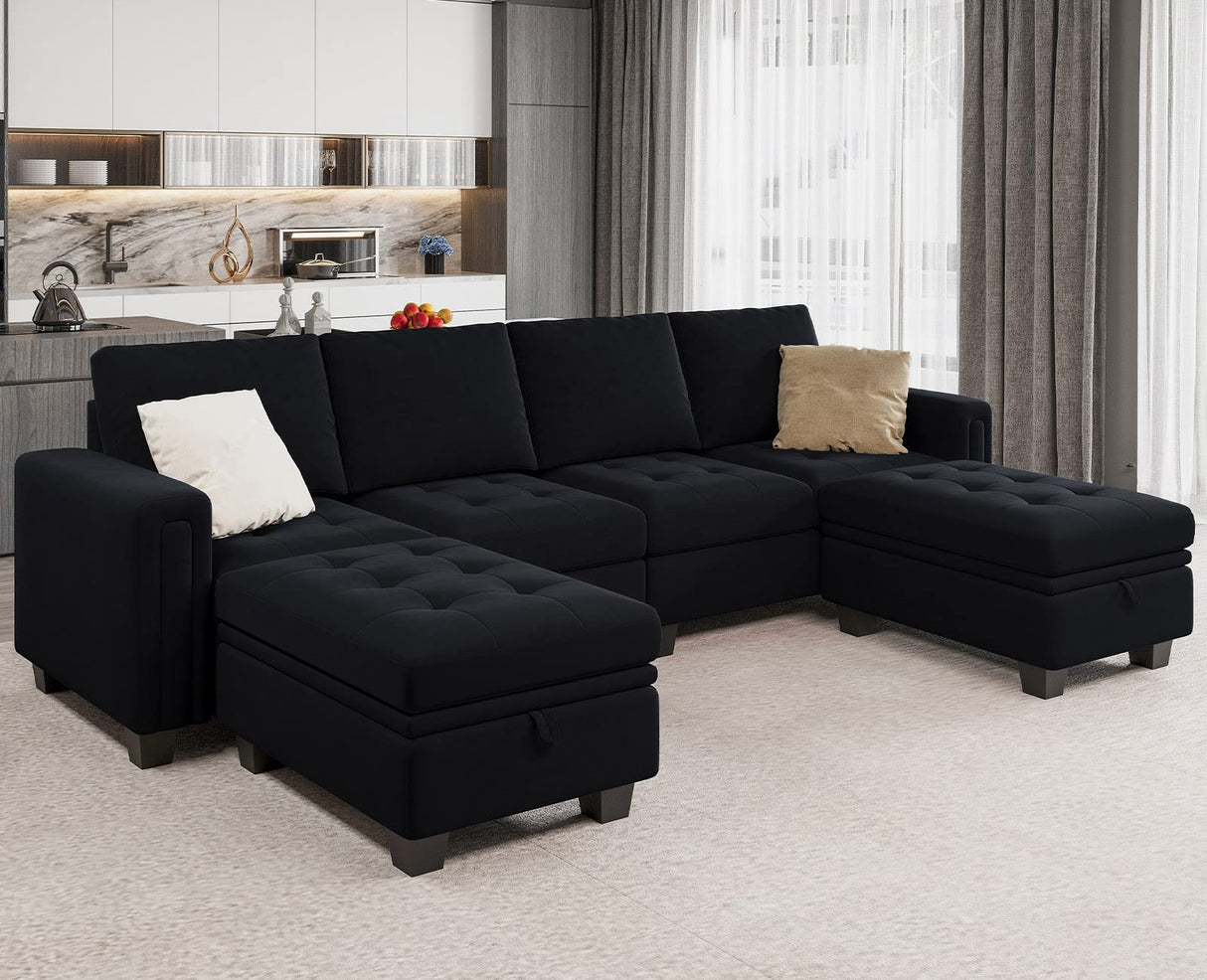 Belffin Velvet U Shaped Sectional Sofa Couch with Storage Ottoman Convertibel Sectional Sofa with Reversible Chaises Black Belffin