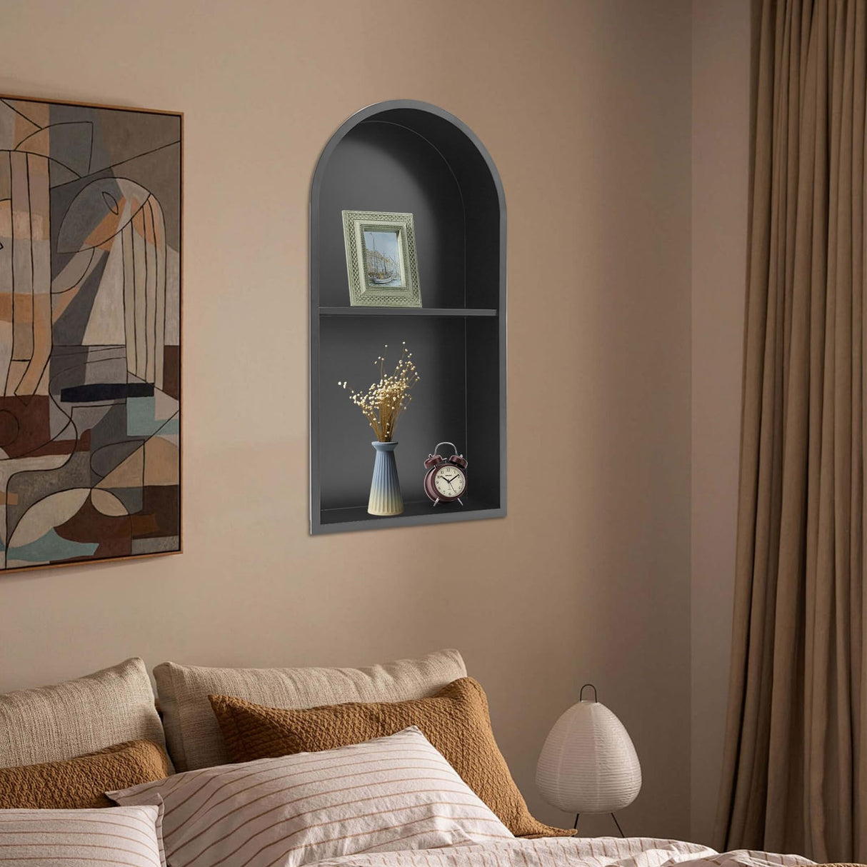 Stainless Steel Shower Niche 12" X 24", Recessed Wall Niche Arched for Shower Wall, No Tile Needed Bathroom Arched Niche Double Shelves Recessed Shower Shelf (Black) WPORDE